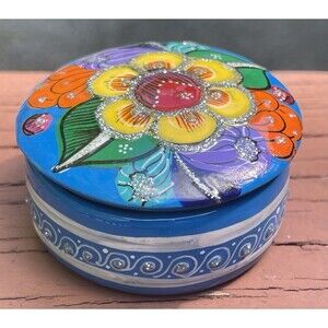 Mexican Hand Painted Terracotta Trinket Box Multicolor Floral Clay Folk Art Lid